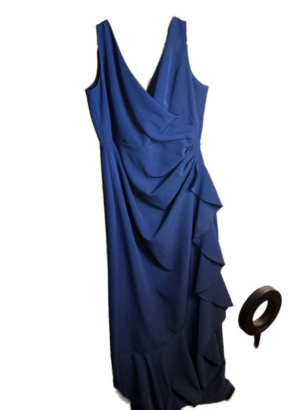 Vince Camuto V-Neck Ruffle Draped Evening Gown in Navy blue